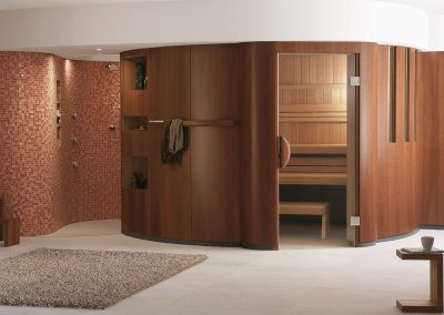 The KLAFS "Charisma" sauna features a shower